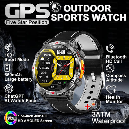2025 Novo Relógio Inteligente Militar GPS para Exteriores Masculino 650mAh Bússola Altímetro 10ATM à Prova D'água Frequência Cardíaca Chamada Esportiva Smartwatch