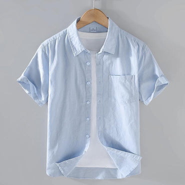 Cotton Linen Hot Sale Men's Short-Sleeved Shirts Summer Streetwear Plain Color Stand Collar Casual Beach Style Plus Size M-3XL