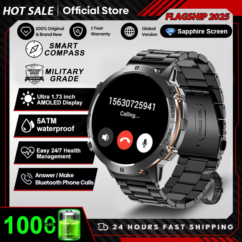 2026 Novo Smartwatch Esportivo Militar com GPS Atualizado Bateria de 1000mAh Tela AMOLED de 1,7 polegadas Bússola Altímetro Chamada Relógio Esportivo Impermeável 10ATM