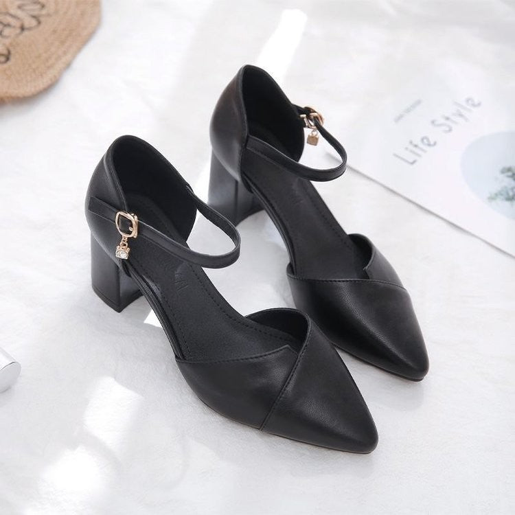 Sandália Feminina Elegante Bege Bico Fino Salto Médio Tira Fina Transpassada Fivela Sapatos de Escritório Diários