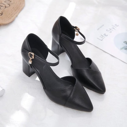 Sandália Feminina Elegante Bege Bico Fino Salto Médio Tira Fina Transpassada Fivela Sapatos de Escritório Diários