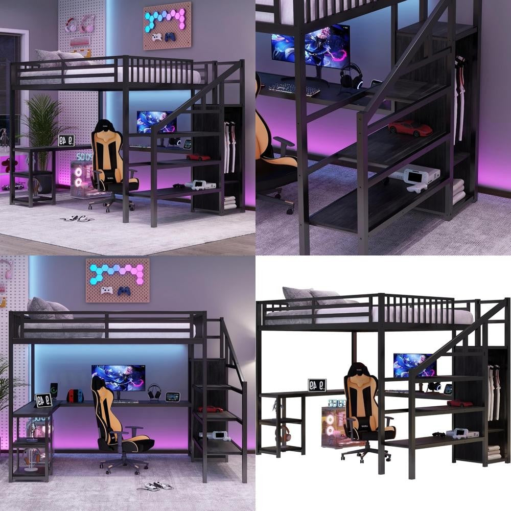 Cama Alta para Jogos Queen Size Adulto com Iluminação LED, Estrutura Robusta, Escada, Guarda-Roupa e Armazenamento