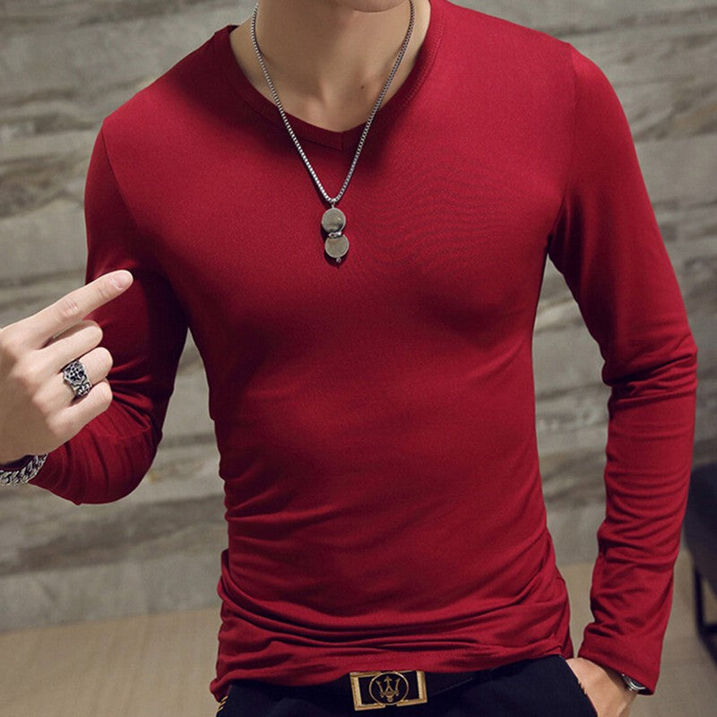 White Solid Color Basic Slim Men T-shirt Spring Autumn Bottoming Shirt Men Round Neck V-neck Casual Tops Long-sleeve Shirts