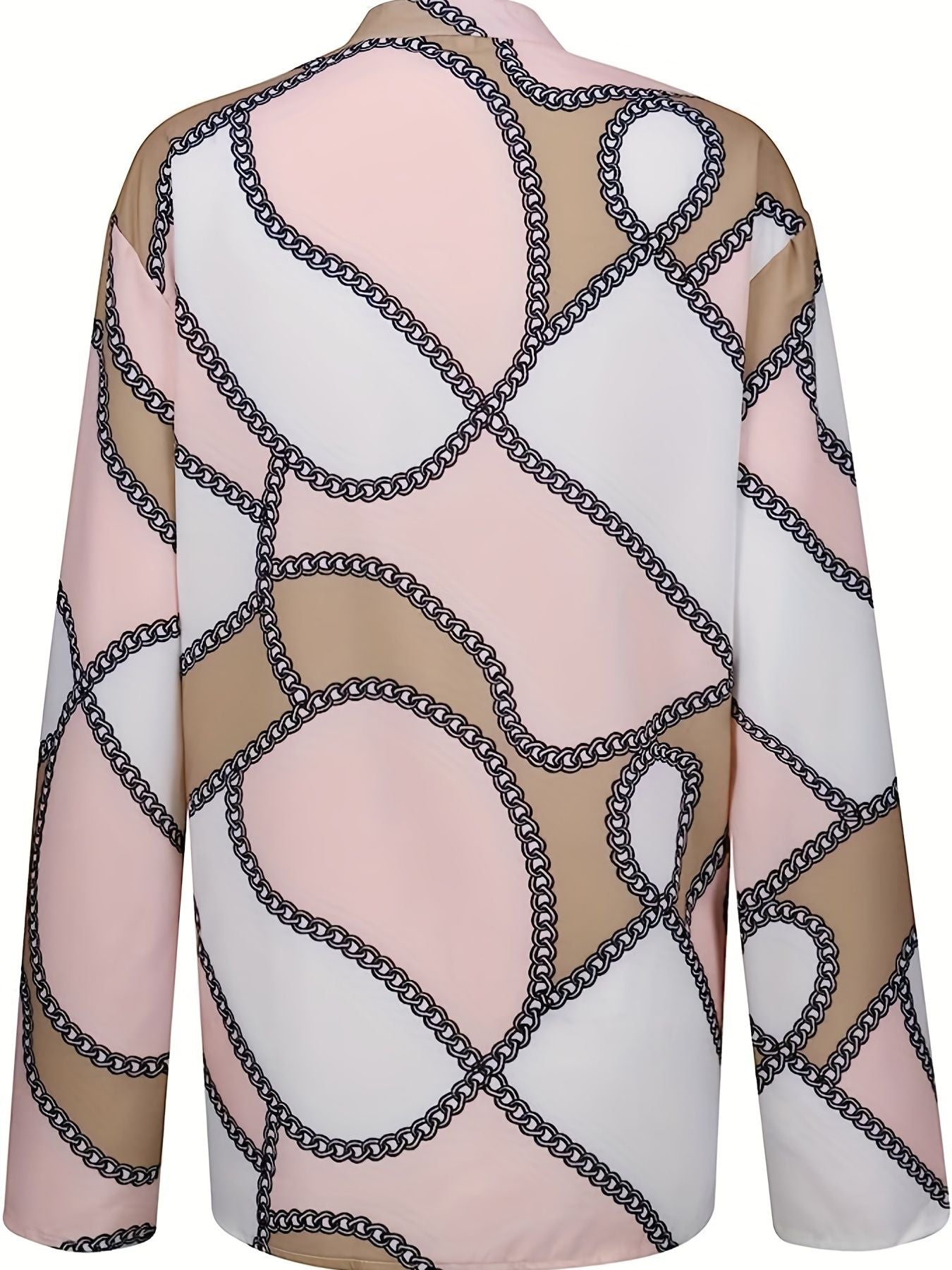 Plus Size Casual Top, Women's Plus Colorblock Chain Print Button Up Roll Up Sleeve Round Neck Top