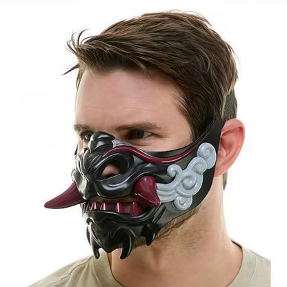 Realistic 3D Japanese Samurai Mask Fierce Teeth Lightweight Halloween Cosplay Masks Breathable Fang Mask Clothing Accessories