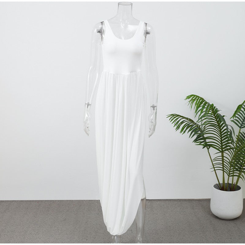 Women Sleeveless High Waist Split Sling Dresses White Elegant U Neck Irregular P