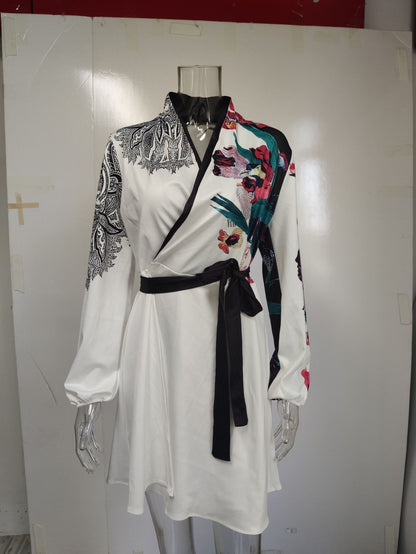 Autumn Winter  Womens Dresses V-neck Wrap Up Dress for Women Woman Clothing Korean Version long sleeve Loose Elegant dress Skirt