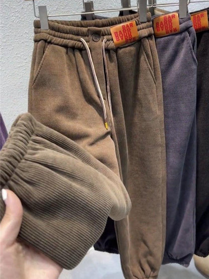 Solid Casual Thicken Women Corduroy Pants Lamb Fleece Padded Cashmere Warm Sweatpants Female Elastic Waist Soft Fur Trousers