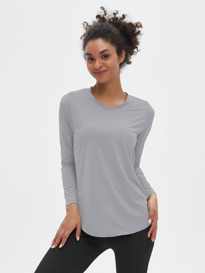 Quick drying Ice Silk Yoga Hoodie Round Neck Loose Breathable Coat Versatile Sports Long Sleeve T-shirt