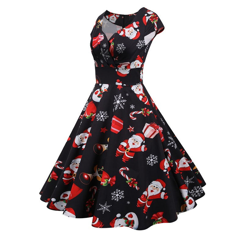 Fashion V-neck Short Sleeve Printed Christmas Dress Large Swing Vintage Elegant Xmas Party Dress