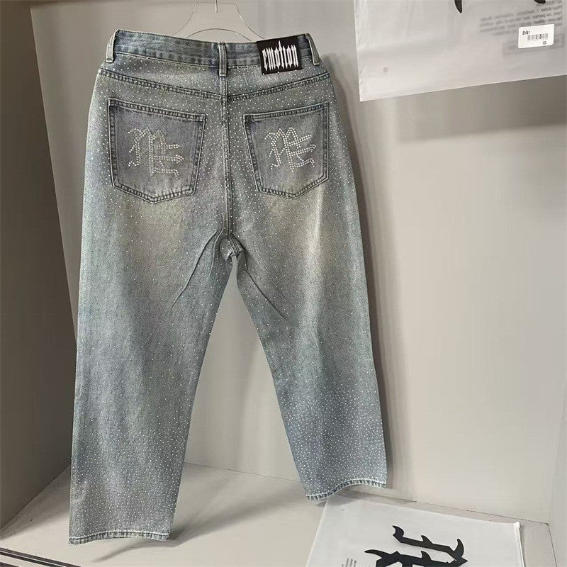 Calça Jeans Masculina Blue Washed MIXED EMOTION Hot Drill Letter Retrô Americana Calça Jeans Feminina Mixed Emotion