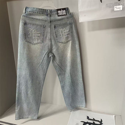 Calça Jeans Masculina Blue Washed MIXED EMOTION Hot Drill Letter Retrô Americana Calça Jeans Feminina Mixed Emotion