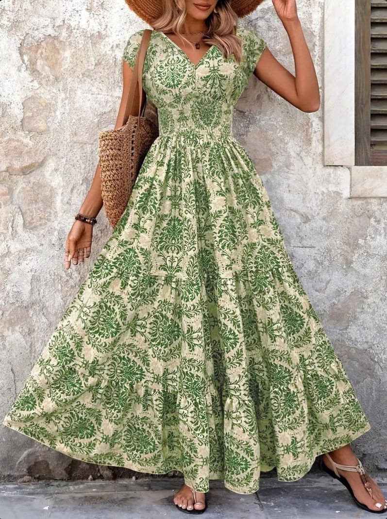 2025 vintage printed dress fashionable and elegant V-neck short sleeved jumpsuit long skirt women's clothing
