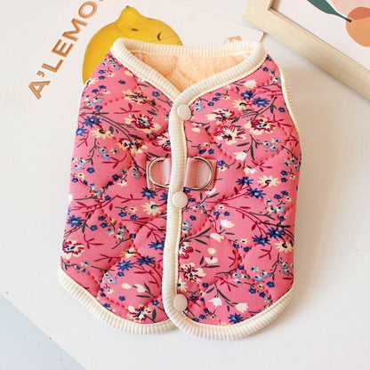 S-2XL Colete de Lã para Cães Outono Inverno Rosa/Azul Estampado Floral Colete Quente Roupa para Cães e Gatos Pequenos e Médios