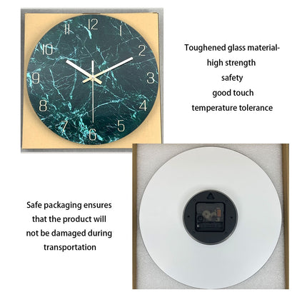 Personalized Dark Green Marble Texture Pattern Tempered Glass Wall Clock Living Room Bedroom Kitchen Home Decoration Wall Clock Silent Quartz Clock Holiday Gift 12 Inches 14 Inches 16inch (Without Batteries)