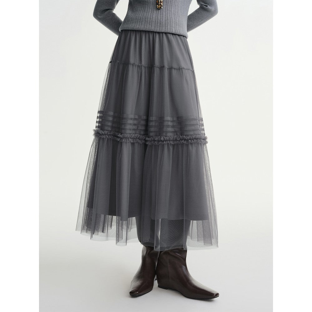 DUSHU Three-color Ruffled Mesh Skirt Women Pleated Mesh Straight Skirt Fairy Retro Gothic Cool Girls Elastic Waist Loose Fit