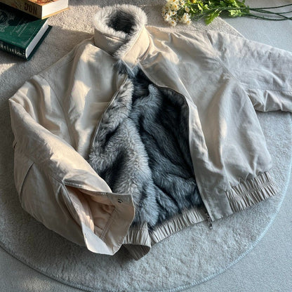 2025 Winter New Fashion Mountain Carving Imitation Wolf Fur Coat Men and Women Y2K Harajuku Hip-hop Pop Bomber Jacket Cleanfit