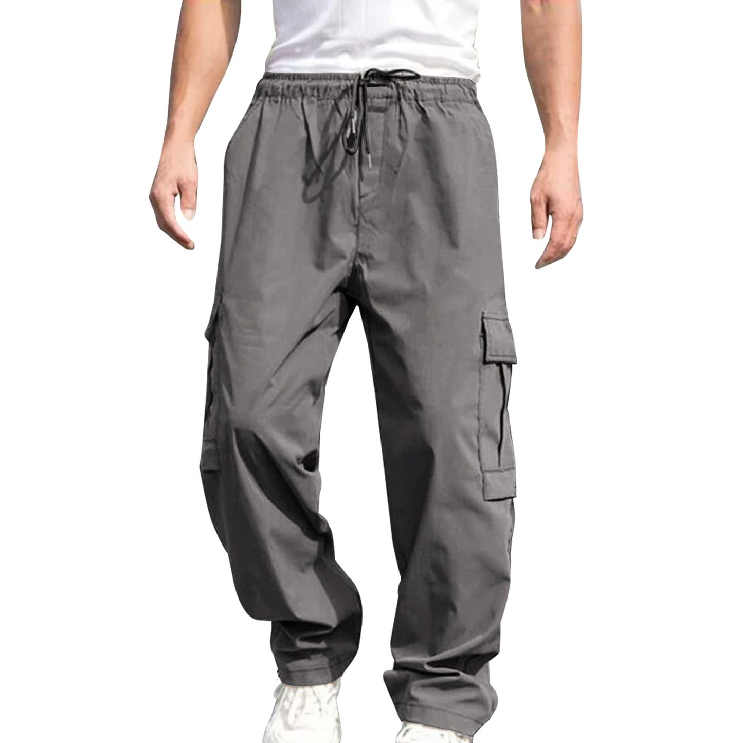 Men s Loose Cargo Long Pants Solid Color Drawstring Waist Straight Leg Trousers Casual Work Pants with Pockets