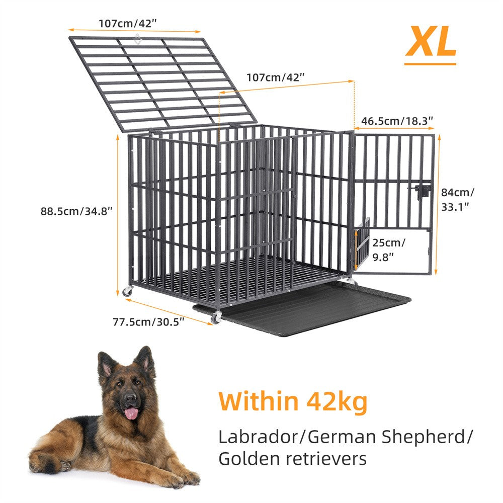 Caixa Grande Reforçada para Cães XXL Gaiola Resistente para Animais de Estimação Tubo Quadrado de Metal Canil Cercadinho com Rodas Traváveis e Bandeja