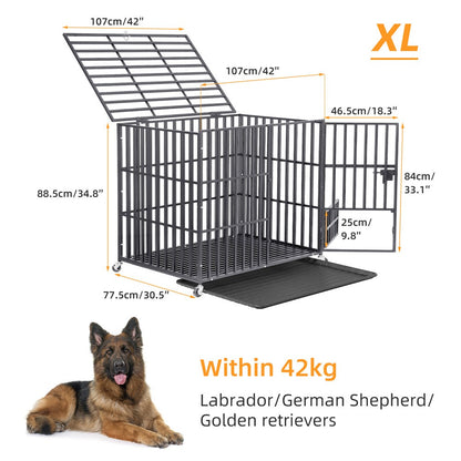 Caixa Grande Reforçada para Cães XXL Gaiola Resistente para Animais de Estimação Tubo Quadrado de Metal Canil Cercadinho com Rodas Traváveis e Bandeja
