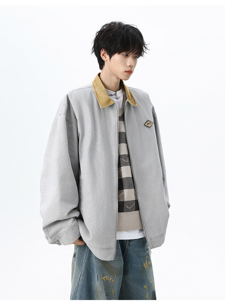 Maxbarley Trendy Cotton Jacket Men Autumn 2025 Hip-Hop Stitching Windproof Lapel Jackets K-Pop Antique Washed Motorcycle Coat