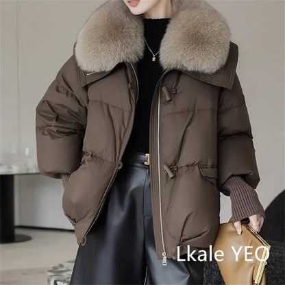 Women's Winter Parka Coat 2025 Casual Korean Version Lady Outerwear Temperament Thicken Big Fur Collar Ladies Down Cotton Jacket