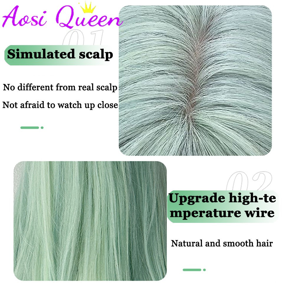 AOSI Synthetic Mint Green Wig Long Hair Summer Thin Bangs Long Straight Hhair Daily Party Cos Wig