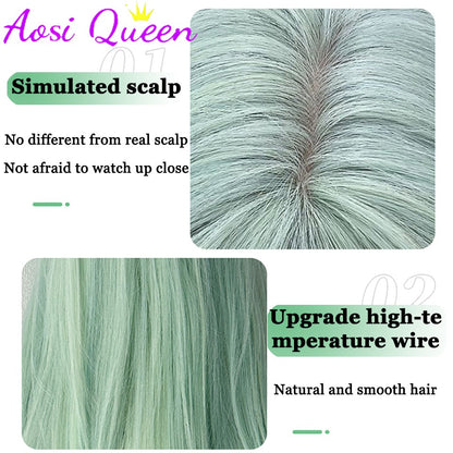AOSI Synthetic Mint Green Wig Long Hair Summer Thin Bangs Long Straight Hhair Daily Party Cos Wig