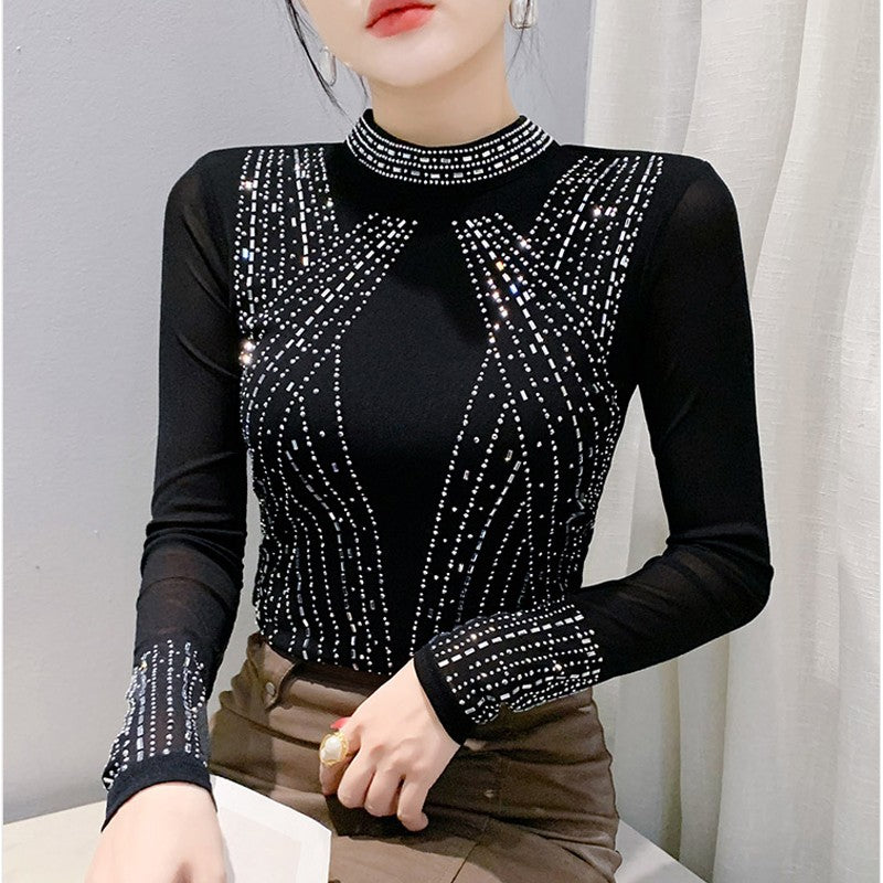 2025 European Station Long Sleeve Women Tees Autumn Winter New Stand collar Hot Diamond T Shirt Fashion Slim Mesh Tops