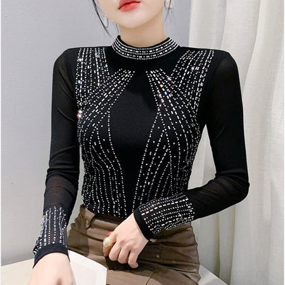 2025 European Station Long Sleeve Women Tees Autumn Winter New Stand collar Hot Diamond T Shirt Fashion Slim Mesh Tops