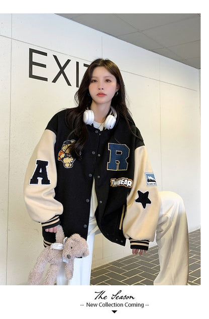 New Autumn and Winter Padded Baseball Jersey Women American Retro Loose Sweater Women Jacket