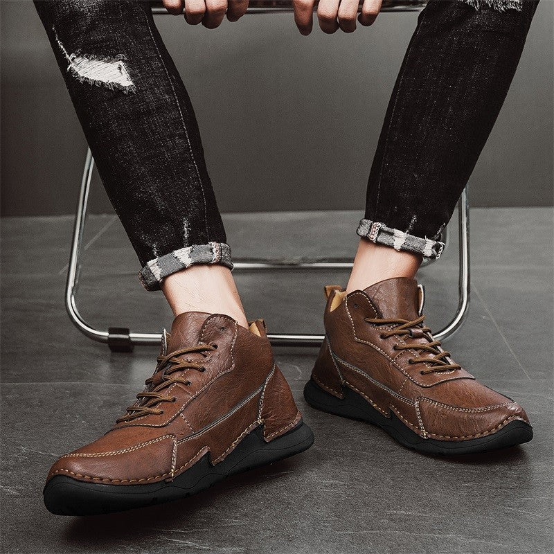 Handmade Mens Low Top Sneakers Classic Mens Leather High Top Shoes Fashion Outdoor Motorcycle Boots Lace Up Non-Slip Ankle Boots