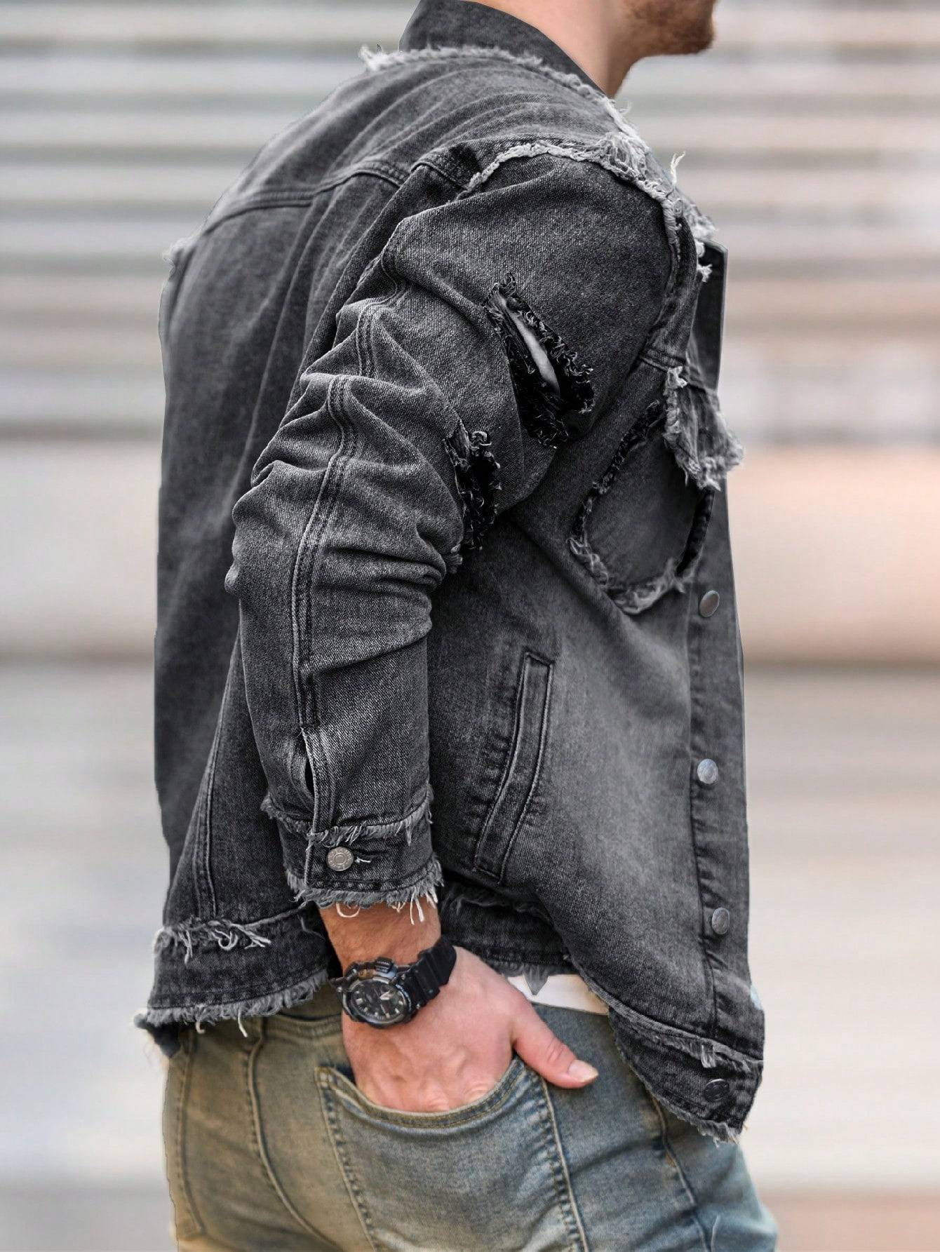 1Pc Men's Four Seasons Destroyed Stone Washed Light Jacket Daily American Street Casual Denim Jacket (No Hood/No Accessories)