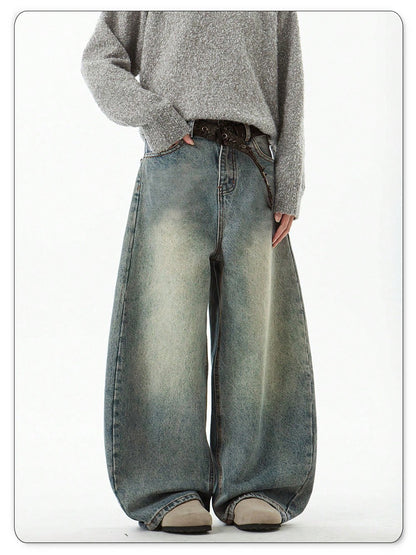 Men's Wear Blue Wide-Leg Denim Pants Baggy Jeans Vintage Three-Dimensional Cut Curved Knife Jeans Loose Fit Summer New Trend