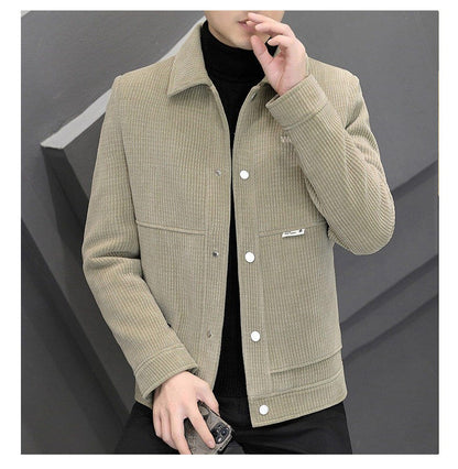 Men's Fleece-Lined Thickened Warm Casual Jacket New Turn-Down Collar Trendy Short Wool Coat Woolen Overcoat