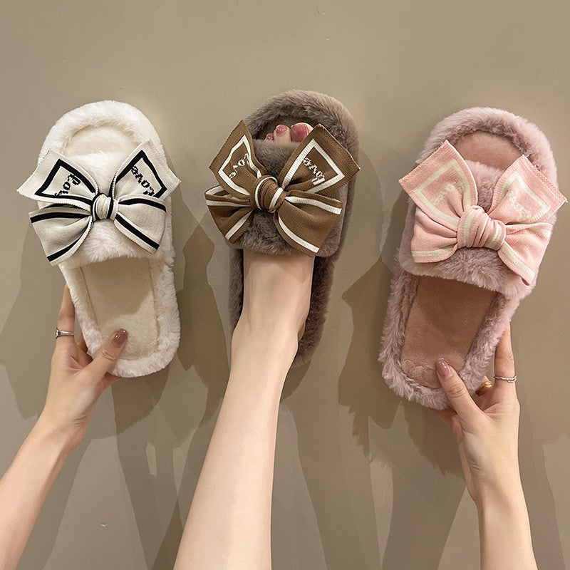 Casual Fluffy Slippers Women House Flats Fashion Winter Bowknot Love Designer Shoes Ladies Home Plush Platform Elegant Footwear