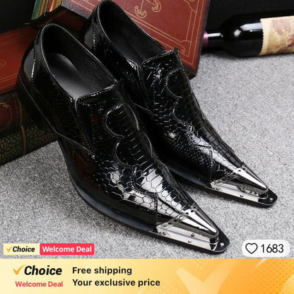 2024 Western Fashion Pointed Metal Toe Dress Shoes Blue Grey Party Wedding Leather Shoes for Men