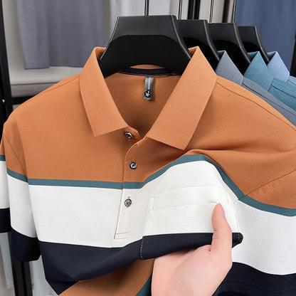 High-quality short sleeve polo shirt men fashion color striped pocket design summer new breathable trendy casual lapel T-shirt
