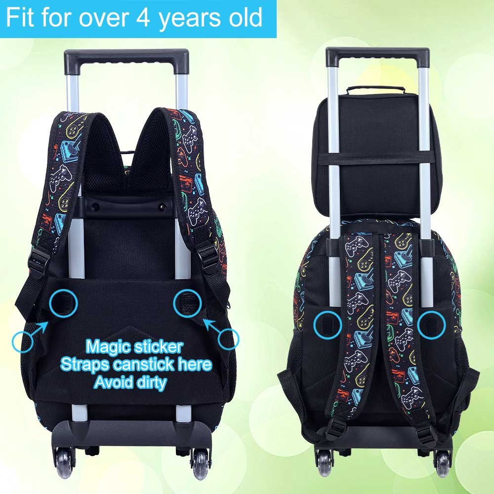 Mochila de Rodinhas para Meninos, 3 PEÇAS Bolsa Escolar com Rodas para Crianças com Lancheira - Game Console