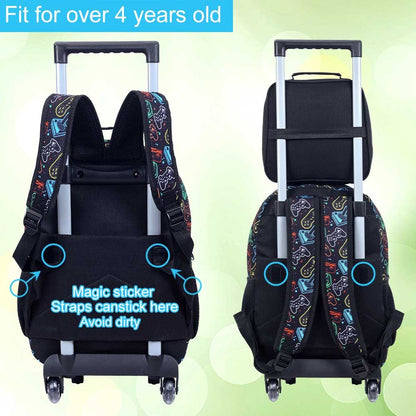 Mochila de Rodinhas para Meninos, 3 PEÇAS Bolsa Escolar com Rodas para Crianças com Lancheira - Game Console