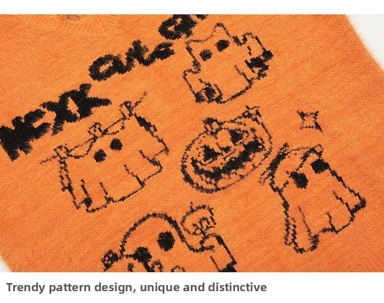 KKyesiou Dopane Orange Knitted Sweater loween Design Men Women Retro American Sle Couple's Long Sve Casual Loose Fit