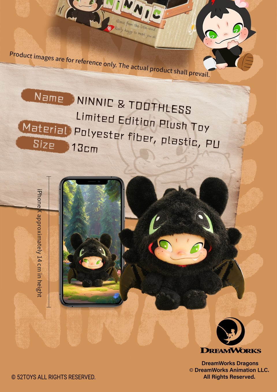 52TOYS NINNIC & TOOTHLESS Pelúcia Edição Limitada, Altura: 17cm/6,7 polegadas