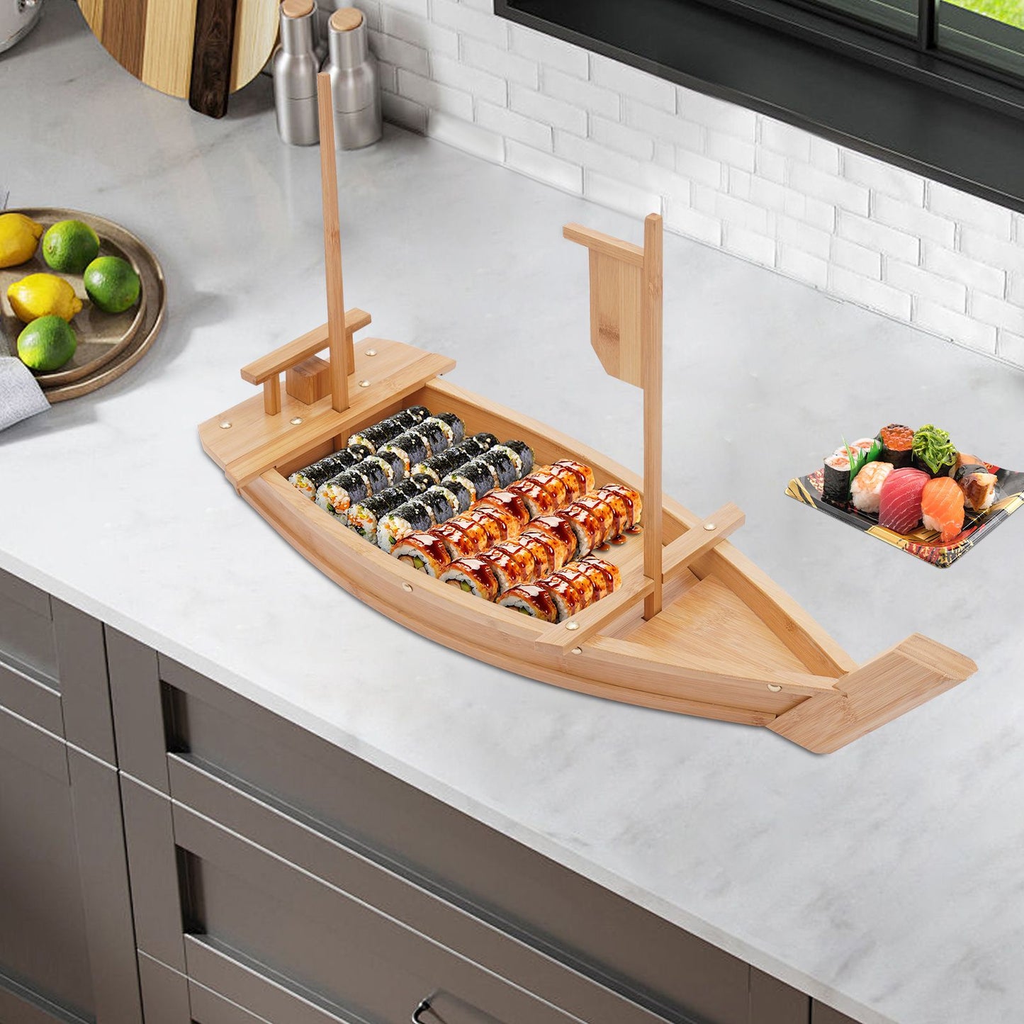 Bandeja Para Servir Sushi em Formato de Barco Compatível com Gelo Seco Design Destacável Rebites de Metal Cantos Arredondados Ideal Para Festas