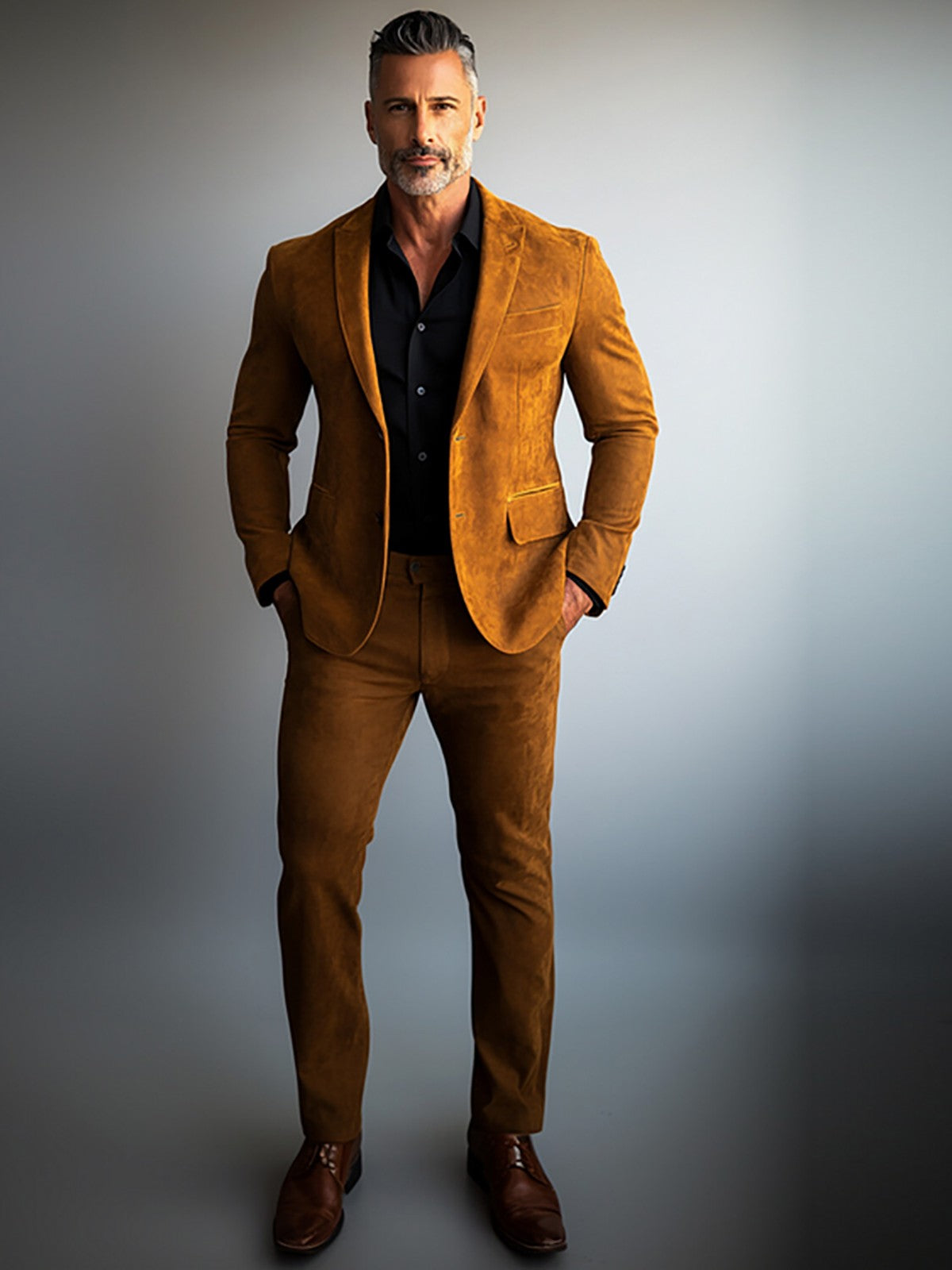 Men Suede Leather Suit Blazer Khaki Formal Single-Breasted Long Sleeve Lapel Multiple Pocket Business Office Party Blazer Jacket