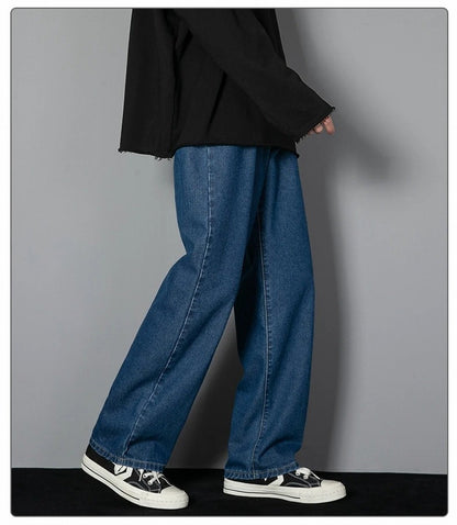 Korean Solid Colors Men's Casual Long Jeans Classic Man Four Seasons Straight Denim Wide-leg Pants Light Blue Grey Black 3XL