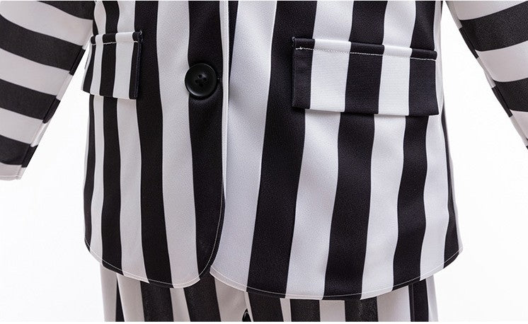 Dashing Suit Cosplay Costume Boys Girls Black and White Striped Coat+Pants Halloween Carnival Dress Up Party Costume Scary Ghost