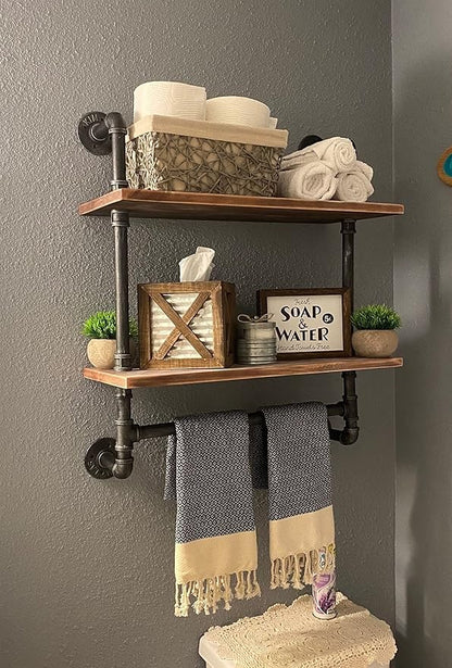 Industrial Pipe Style Wall Mounted Floating Shelves - 2-Tier 24 Rustic Wood Bathroom Shelf with Towel Rack