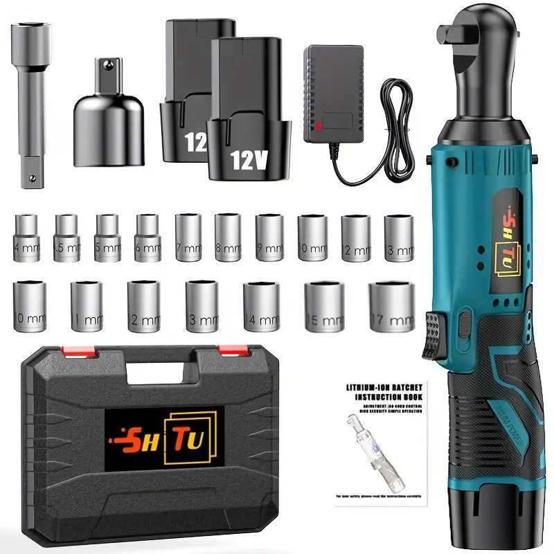 Conjunto de chave catraca elétrica sem fio, chave catraca elétrica sem escova, kit de catraca sem fio 12V, parafuso e porca para reparo automotivo