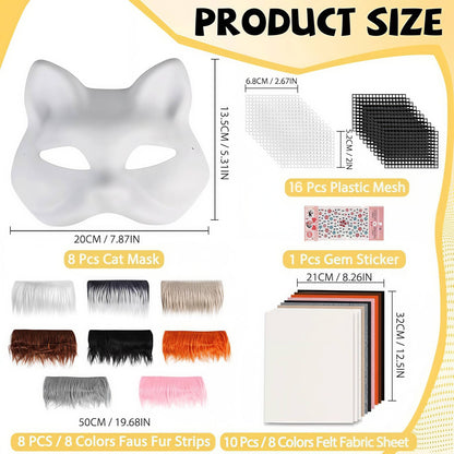 43 Pcs DIY Therian Mask Kit Half Face Hand-painted Cat Mask DIY Masks Blank White Cat Mask for Carnival Masquerade Cosplay Party