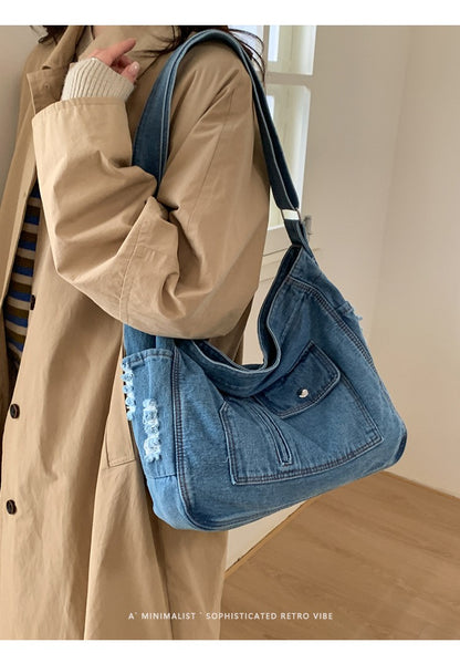New Denim Shoulder Bag Women Fashion Large Capacity Casual Tote Handle Bag for School Comfortable and Versatile Commute Bag